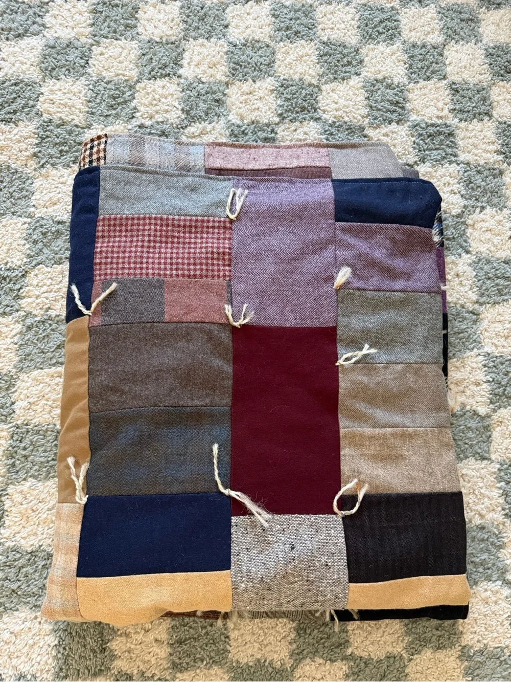 Vintage Wool Patchwork Crazy Quilt Hand Stitched Patchwork King Size 100 x 70